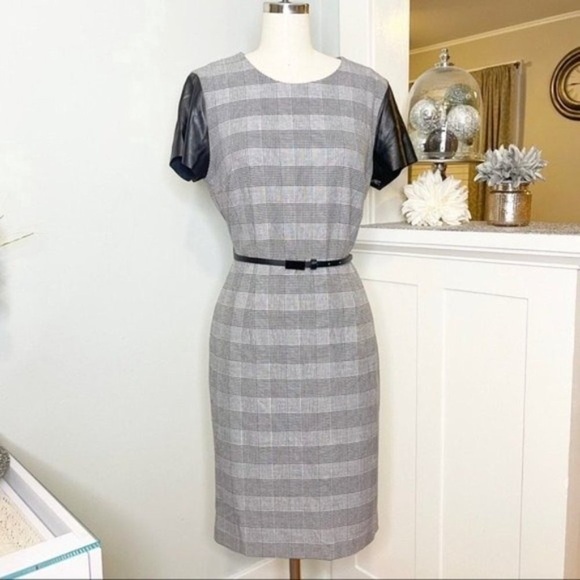 Calvin Klein Glen Plaid Faux Leather Sheath Dress 8 Medium - Picture 3 of 10